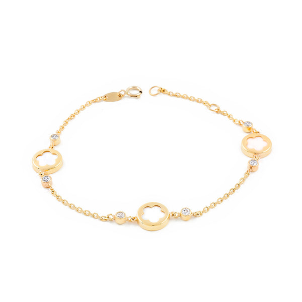 Bracciale Ragazza Oro Giallo 9K Madreperla Fiori Zirconia Brillante 17 cm