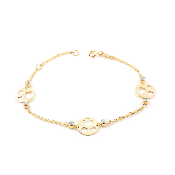 Bracciale Ragazza Oro Giallo 9K Fiori Zirconi Opachi Brillanti 17 cm
