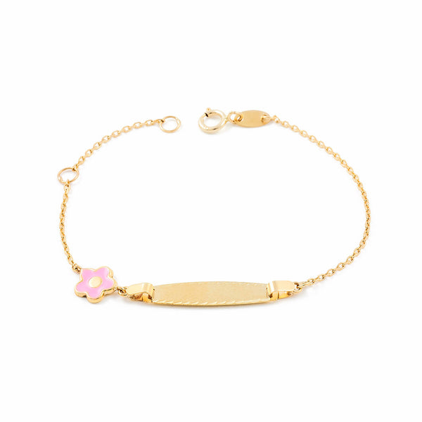 Bracciale Ragazza Oro Giallo 9K Personalizzata Schiava Fiore Margherita Rosa Opaca Brillante 14 cm