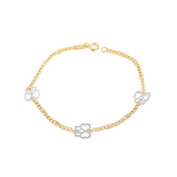 Bracciale Ragazza Oro Bicolore 9K Fiori Circonite Brillanti 16 cm