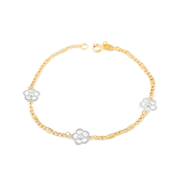 Bracciale Ragazza Oro Bicolore 9K Fiori Circonite Brillanti 17 cm