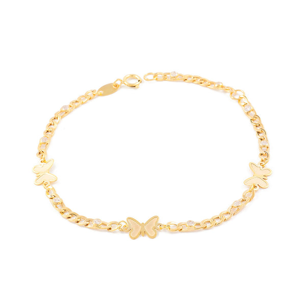 Bracciale Ragazza Oro Giallo 9K Farfalle Zirconia Opaca Brillante 17 cm