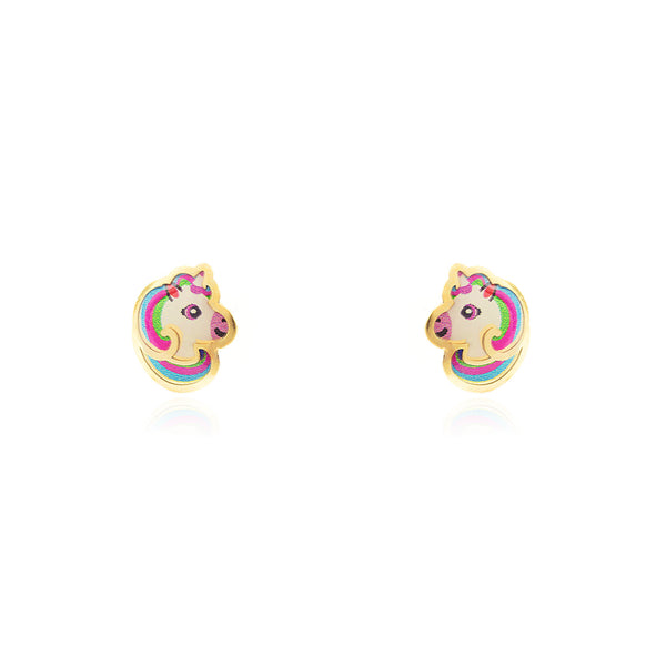 Pendientes Niña Oro Amarillo 9K Unicornio Esmalte Multicolor Brillo