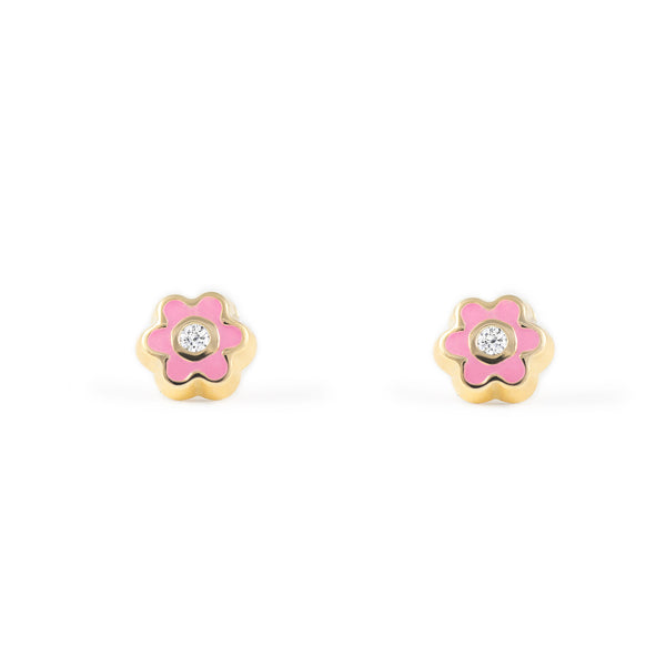 Orecchini bambini ragazza Smalto rosa chiaro fiore margherita Zircone Oro Giallo 18K