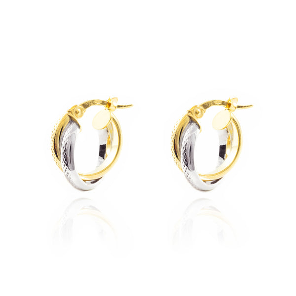Pendientes Oro Bicolor 18K Aros Media Caña Dobles Brillo y Textura 14 x 5,5 mm