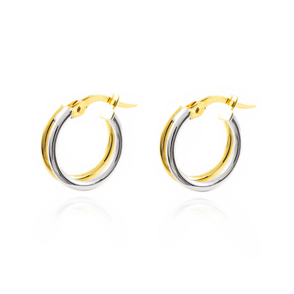 Orecchini Doppi Cerchi 14x4 mm Bicolore 18K