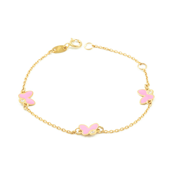 Bracciale Ragazza Oro Giallo 9K Smalto Farfalle Zirconi Rosa Brillante 14 cm