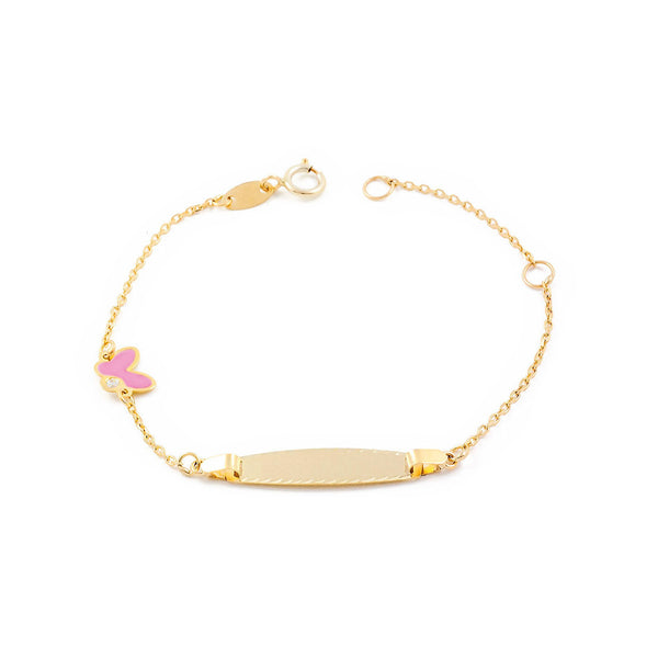 Pulsera Niña Oro Amarillo 9K Personalizada Esclava Mariposa Circonita Rosa Mate y Brillo 14 cm