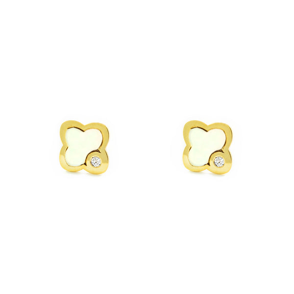 Orecchini bambini ragazza Madreperla Trifoglio Zircone Oro Giallo 9K