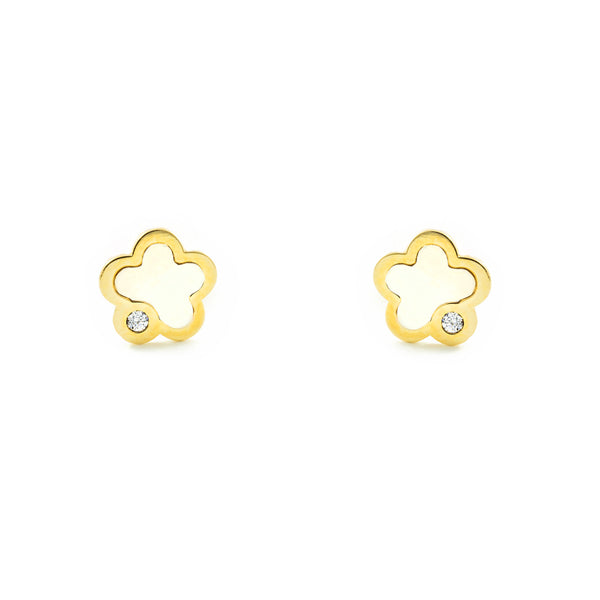 Orecchini bambini ragazza Madreperla Fiore Zircone Oro Giallo 9K