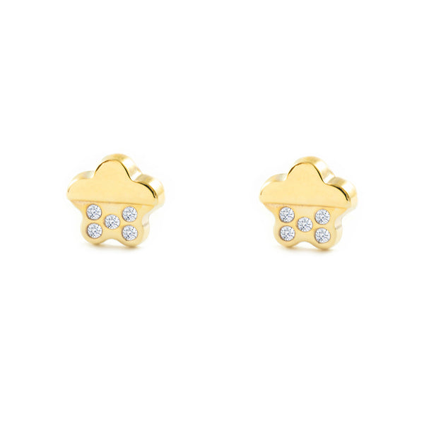 Pendientes Bebe-Niña Oro Amarillo 9K Flor Margarita Circonitas Brillo