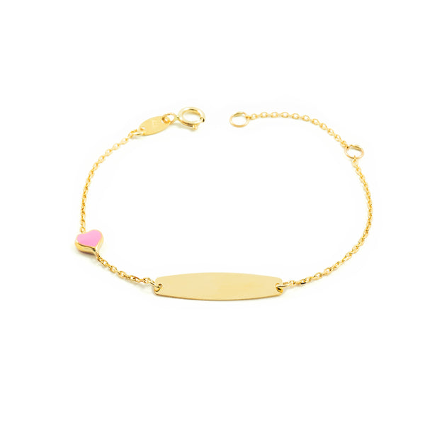 Bracciale Ragazza Oro Giallo 9K Personalizzata Schiava Cuore Rosa Brillante 14 cm