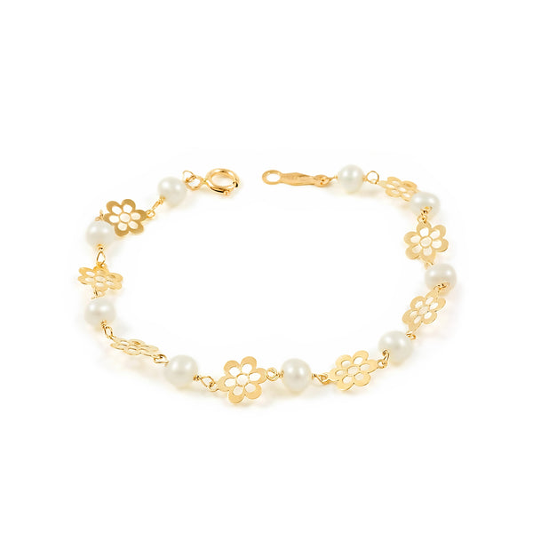 Bracciale Ragazza Oro Giallo 9K Perla Roton3,5 mm Fiori Margherita Brillanti 13 cm