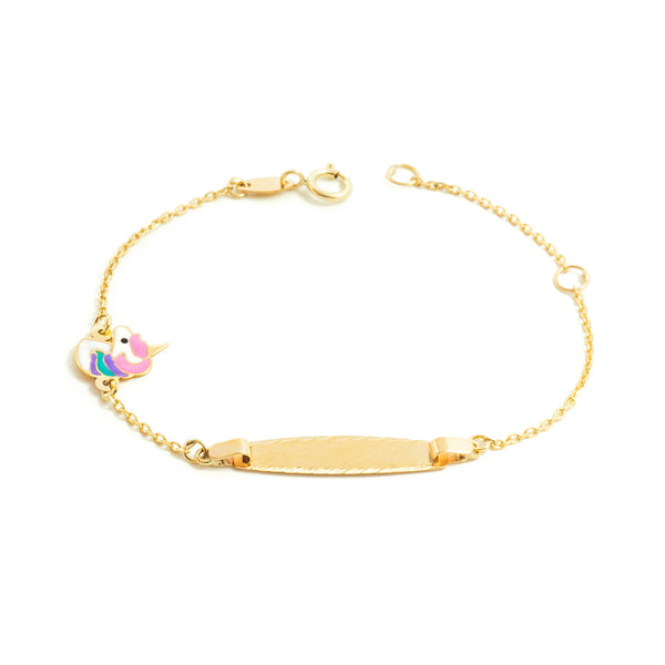 Bracciale Ragazza Oro Giallo 9K Personalizzata Schiava Unicorno Multicolore Opaco Brillante 14 cm