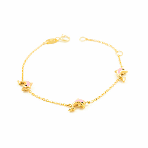 Bracciale Ragazza Oro Giallo 9K Smalto Delfino Rosa Brillante 14 cm