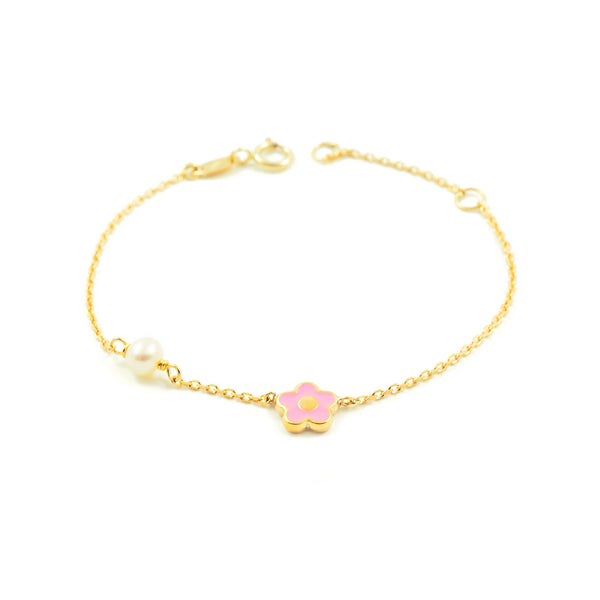 Bracciale Ragazza Oro Giallo 9K Smalto Fiori Rosa Perla 4 mm Brillante 14 cm