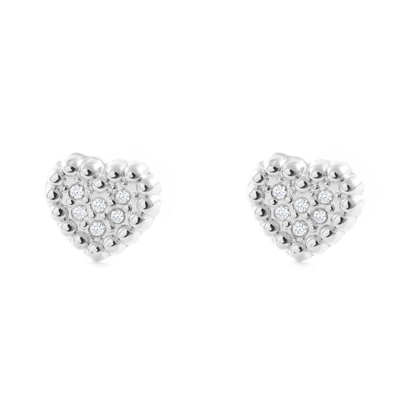 Pendientes Niña Oro Blanco 9K Corazón Circonitas Brillo