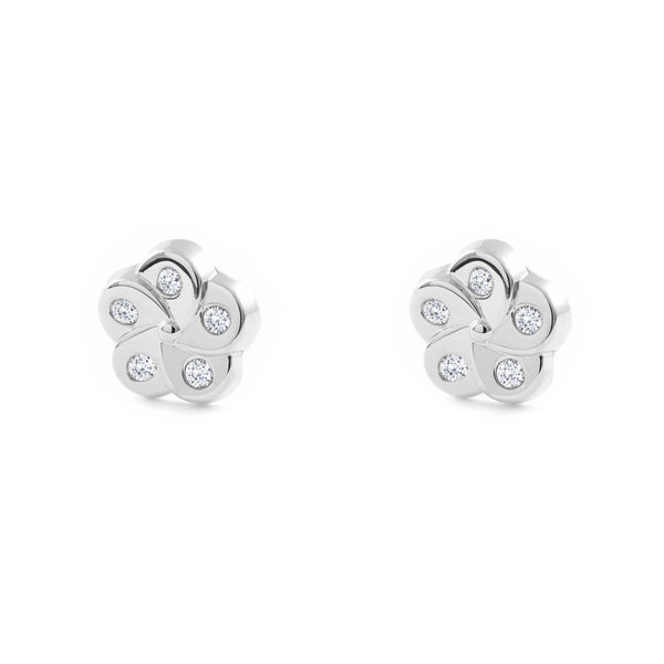 Pendientes Bebe-Niña Oro Blanco 9K Flor Circonitas Brillo