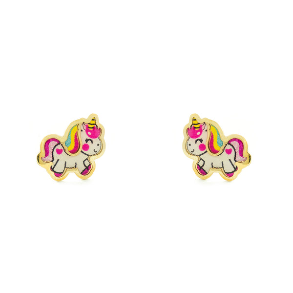 Pendientes Niña Oro Amarillo 18K Unicornio Esmalte Multicolor Brillo