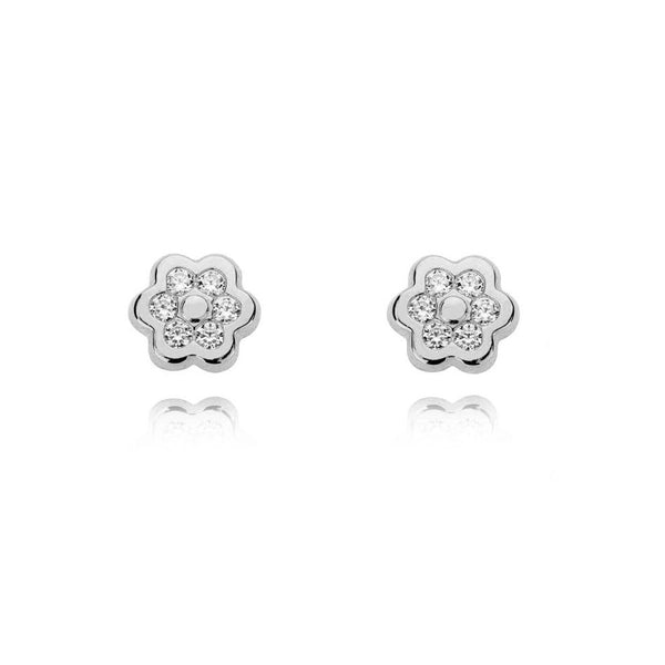 Orecchini ragazza donna fiore margherita Zircone Oro Bianco 9K