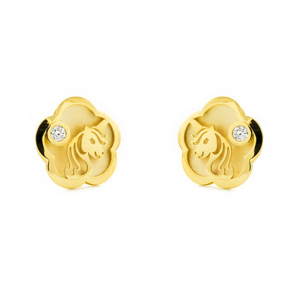 Pendientes Niña Oro Amarillo 9K Unicornio Circonita Brillo