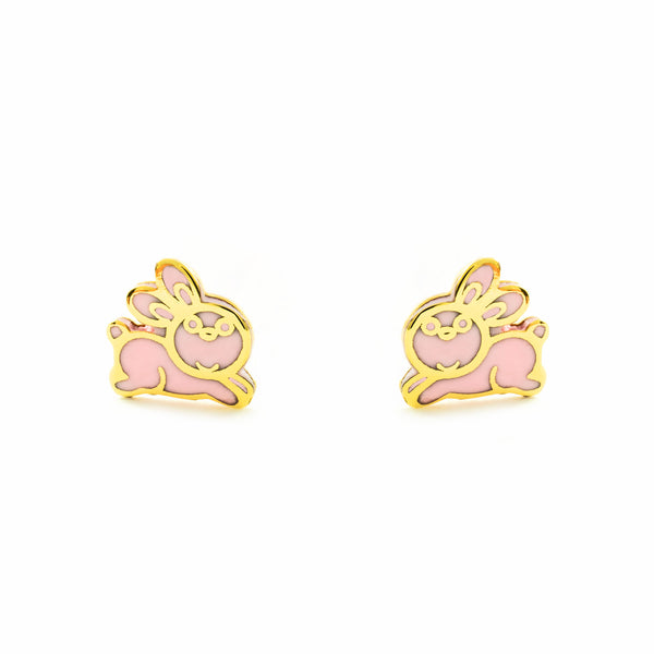 Orecchini bambini ragazza Smalto rosa Coniglio Oro Giallo 9K