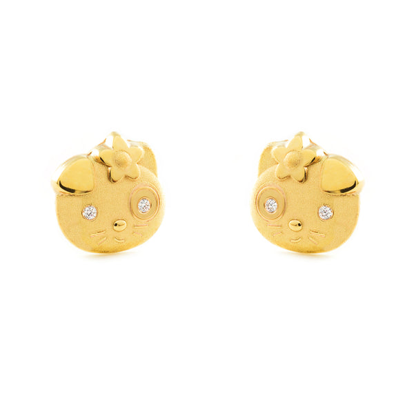 Pendientes Niña Oro Amarillo 9K Gato Circonita Mate y Brillo