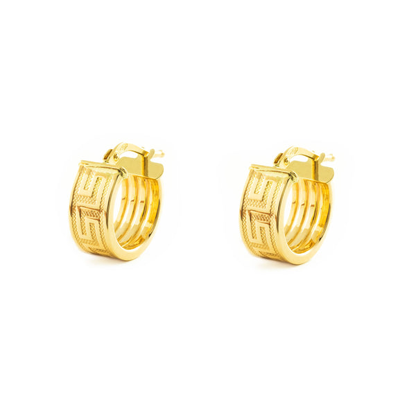 Pendientes Oro Amarillo 18K Aros Rectangular Greca 14 x 6 mm