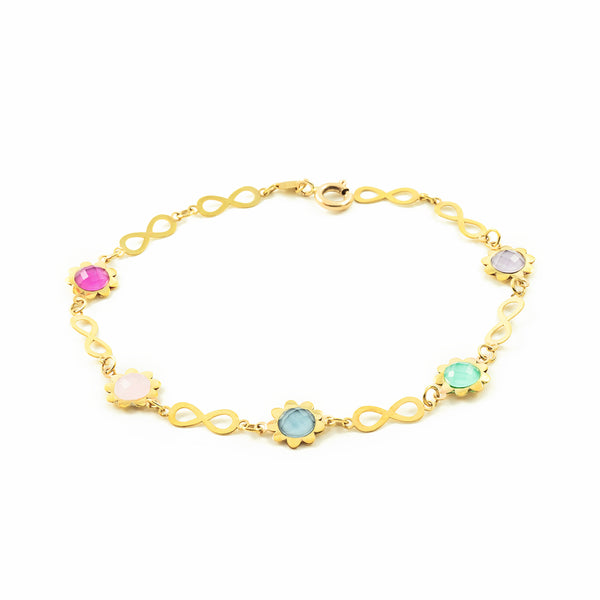 Bracciale Donna Oro Giallo 9K Infiniti Fiori Multicolore Brillante 20 cm