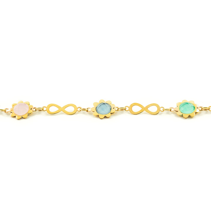 Pulsera Oro Amarillo infinitos con flores y piedras de color (9kts)