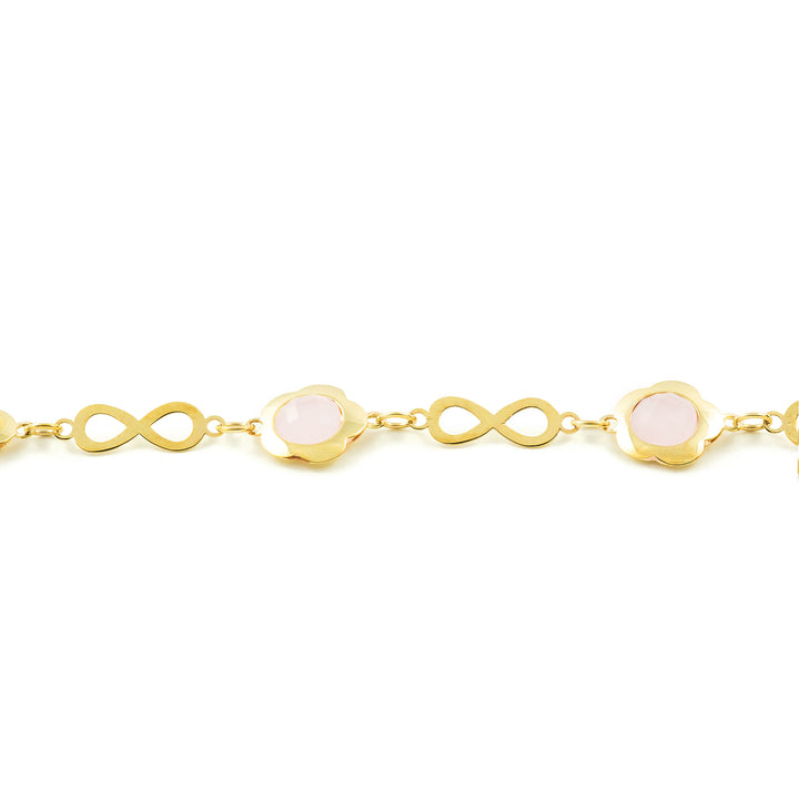 Pulsera Oro Amarillo infinitos con margaritas y cuarzos rosa (9kts)