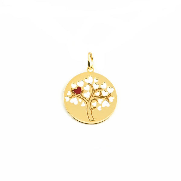 Colgante Oro Amarillo 9K Esmalte Redondo Arbol de la vida y Corazones Brillo