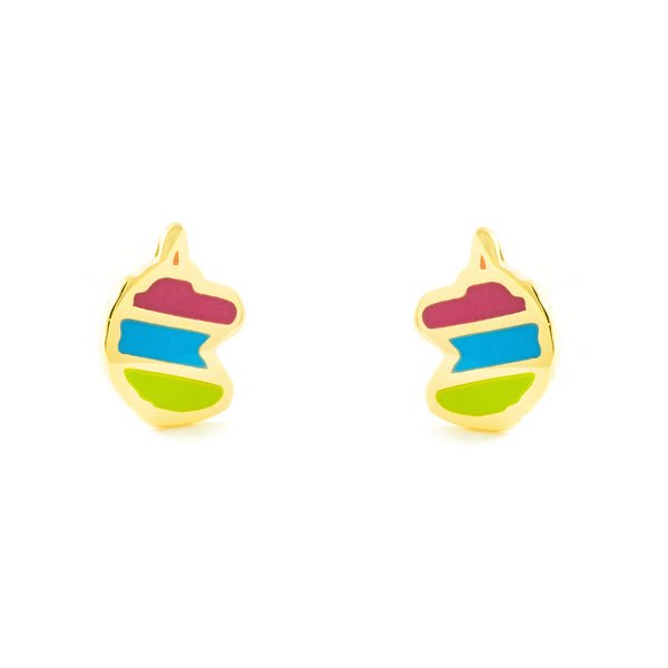 Orecchini ragazza Smalto Rosa-Bianco Unicorno Oro Giallo 9K