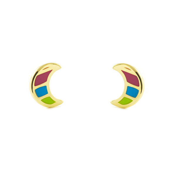 Pendientes Niña Oro Amarillo 9K Luna Esmalte Multicolor Brillo