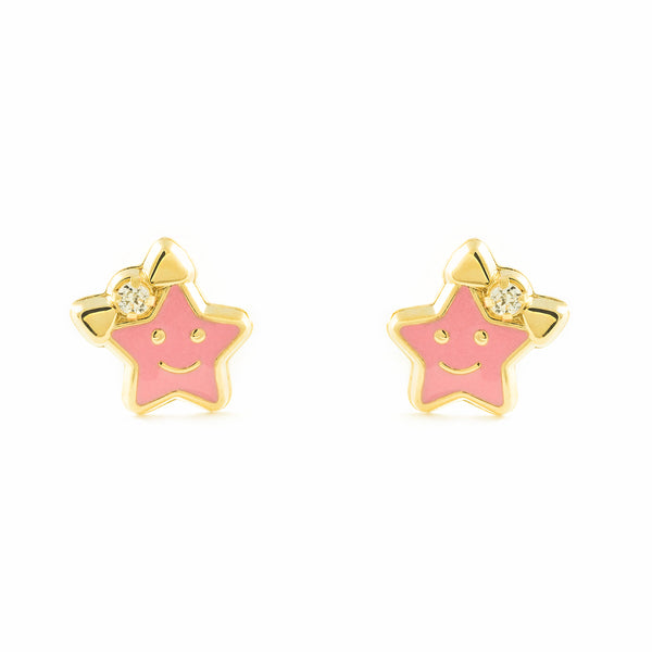 Pendientes Niña Oro Amarillo 9K Estrella Esmalte Rosa Brillo