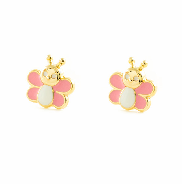 Pendientes Niña Oro Amarillo 9K Mariposa Esmalte Rosa-Blanco Brillo