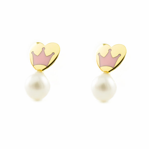 Pendientes Niña Oro Amarillo 9K Tu y Yo Perla Redonda 4 mm Corazón Rosa Brillo