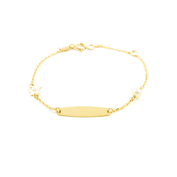 Bracciale Ragazza Oro Giallo 9K Personalizzata Schiava Stella Zirconita Perla 4 mm Brillante 14 cm