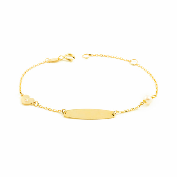 Bracciale Ragazza Oro Giallo 9K Personalizzata Schiava Cuore Zirconita Perla 4 mm Brillante 14 cm