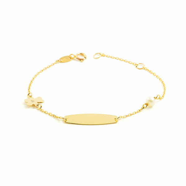 Bracciale Ragazza Oro Giallo 9K Personalizzata Schiava Orso Zirconita Perla 4 mm Brillante 14 cm