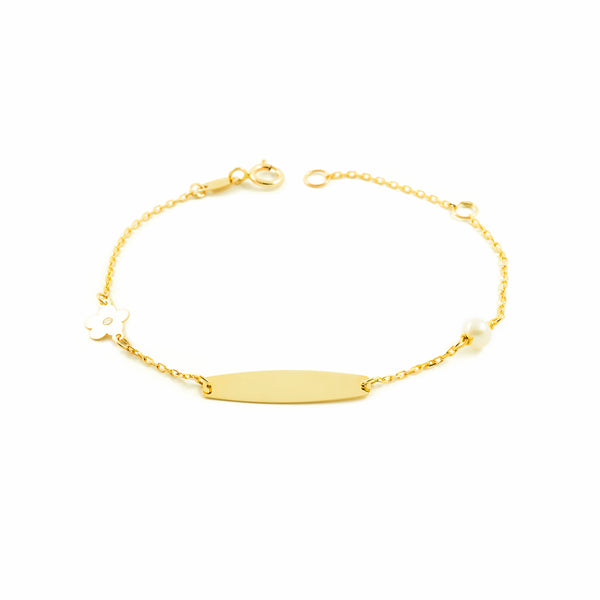 Bracciale Ragazza Oro Giallo 9K Personalizzata Schiava Fiore Zirconia Perla 4 mm Brillante 14 cm