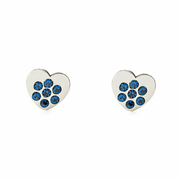 Pendientes Niña Oro Blanco 9K Corazón Zafiros preciosos sintéticos Brillo