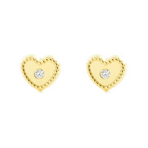Pendientes Bebe-Niña Oro Amarillo 9K Corazón Circonita Brillo y Textura