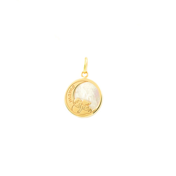 Colgante Oro Amarillo 9K Personalizada Redondo Angel Nacar Brillo