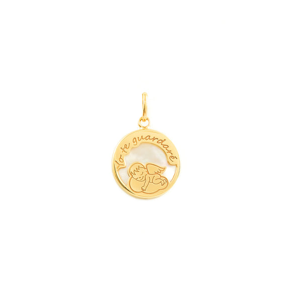 Colgante Oro Amarillo 9K Personalizada Redondo Angel Nacar Brillo
