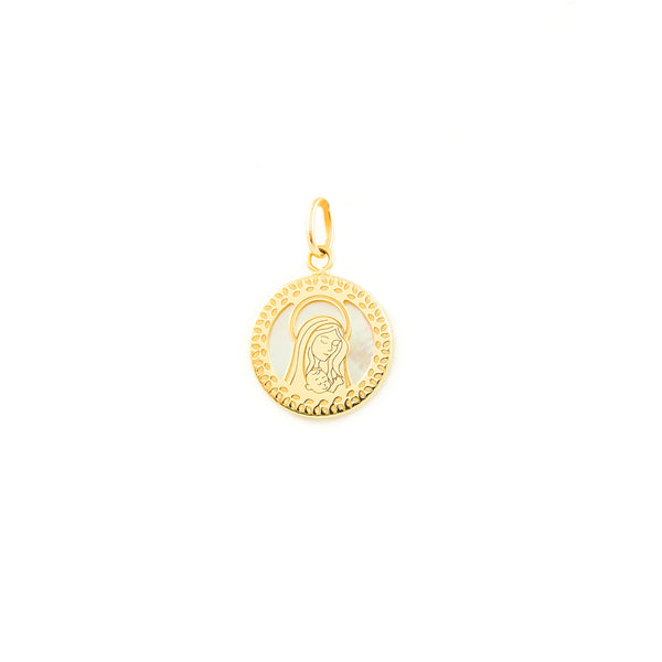 Colgante Oro Amarillo 9K Personalizada Redondo Virgen Niña Nacar Brillo