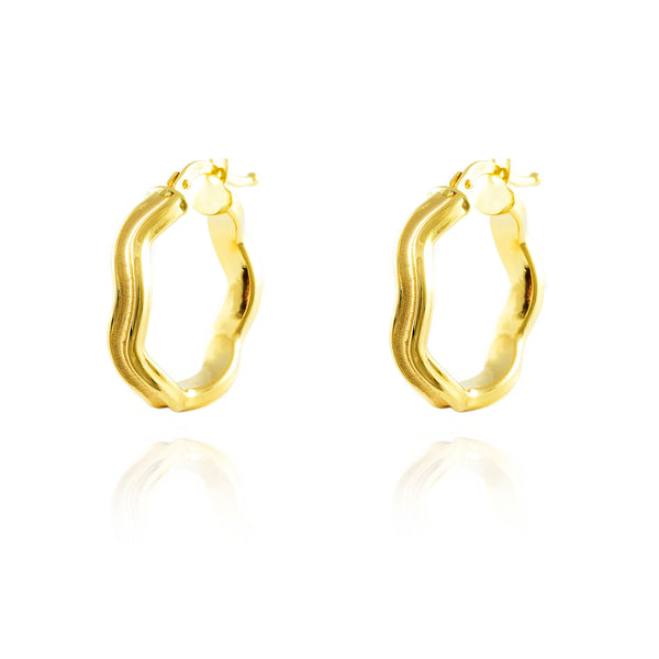 Pendientes Oro Amarillo 18K Aros Ondas Mate y Brillo 20 x 3 mm