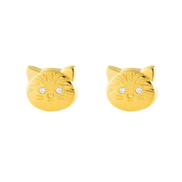 Pendientes Niña Oro Amarillo 9K Gato Circonita Mate y Brillo