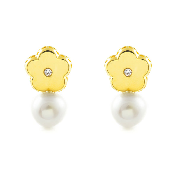 Pendientes Mujer-Niña Oro Amarillo 18K Tu y Yo Perla Redonda 6 mm Flor Circonita Brillo
