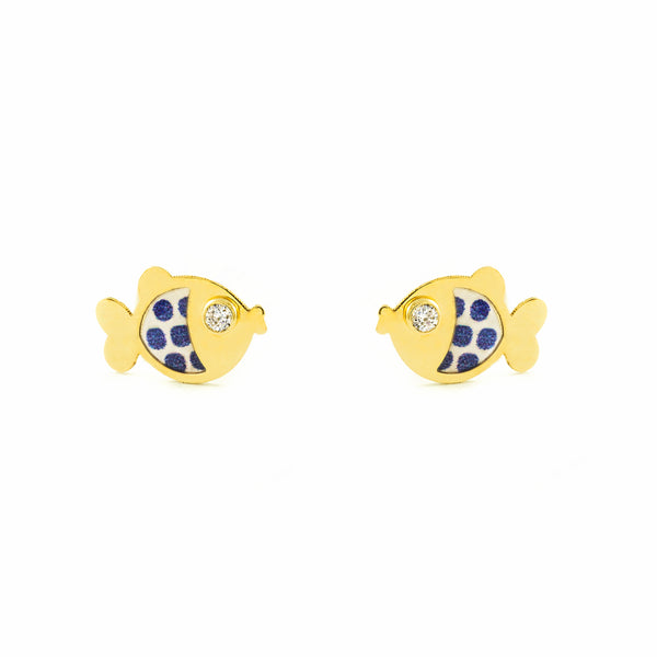 Orecchini bambini ragazza Smalto Blu Pesce Zircone Oro Giallo 9K